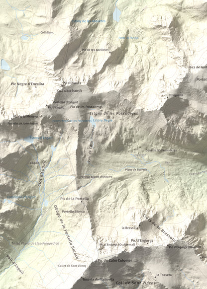 Mapa de relieve de Pic dels Pedrons, 2715 m, Cerdanya Nord, lámina 100 Cims de Trobart. Detalle de la zona inferior izquierda. 50 × 70 cm.