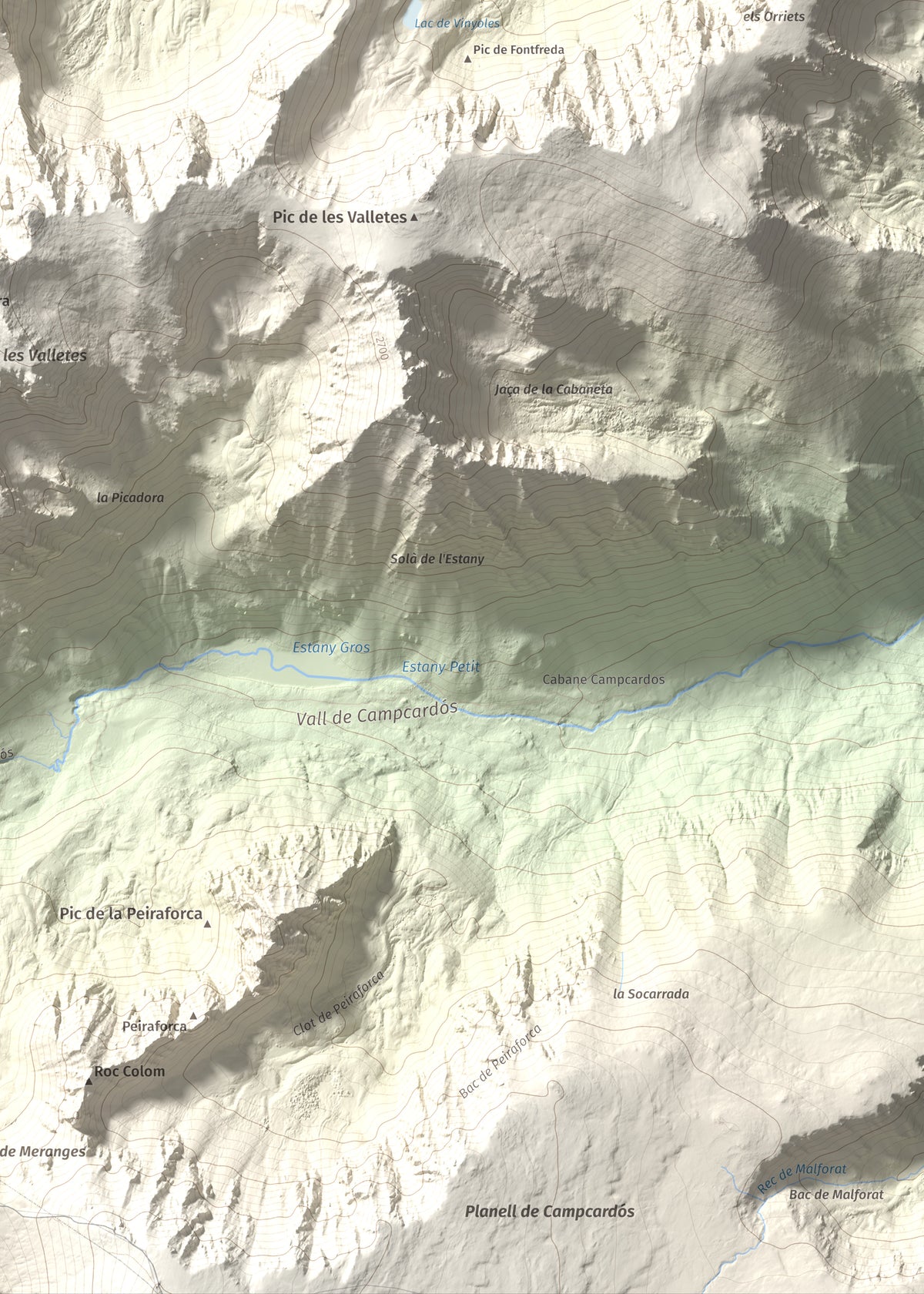 Mapa de relieve de Pic dels Pedrons, 2715 m, Cerdanya Nord, lámina 100 Cims de Trobart. Detalle de la zona inferior derecha. 50 × 70 cm.