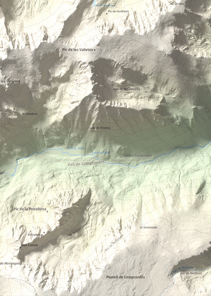 Mapa de relieve de Pic dels Pedrons, 2715 m, Cerdanya Nord, lámina 100 Cims de Trobart. Detalle de la zona inferior derecha. 50 × 70 cm.
