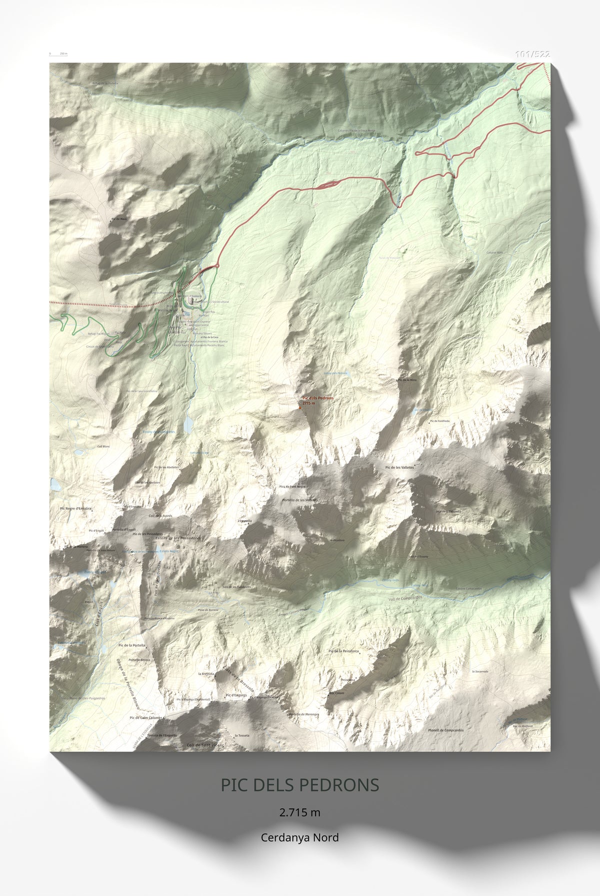 Mapa de relieve de Pic dels Pedrons, 2715 m, Cerdanya Nord, lámina 100 Cims de Trobart 61 × 91 cm.