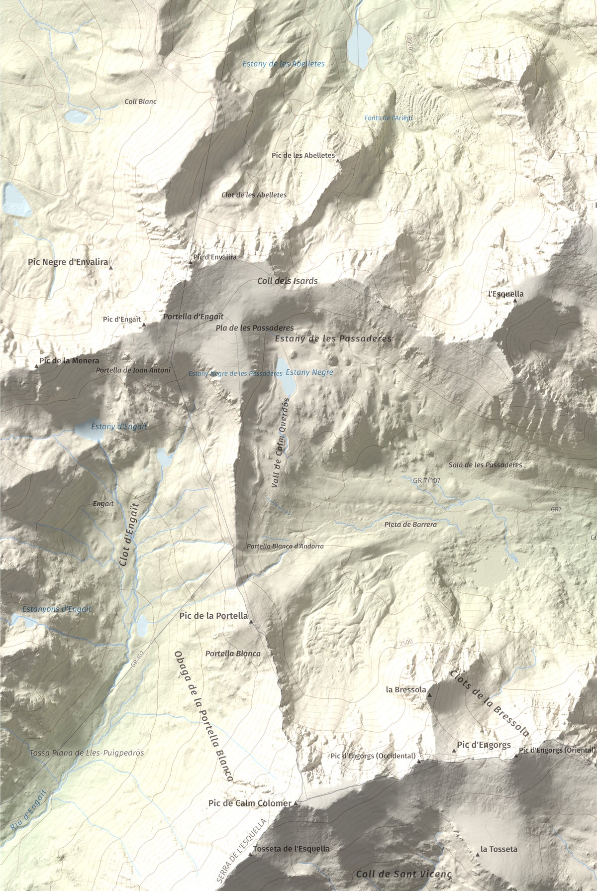 Mapa de relieve de Pic dels Pedrons, 2715 m, Cerdanya Nord, lámina 100 Cims de Trobart. Detalle de la zona inferior izquierda. 61 × 91 cm.