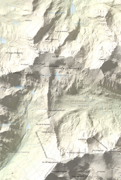Mapa de relieve de Pic dels Pedrons, 2715 m, Cerdanya Nord, lámina 100 Cims de Trobart. Detalle de la zona inferior izquierda. 61 × 91 cm.