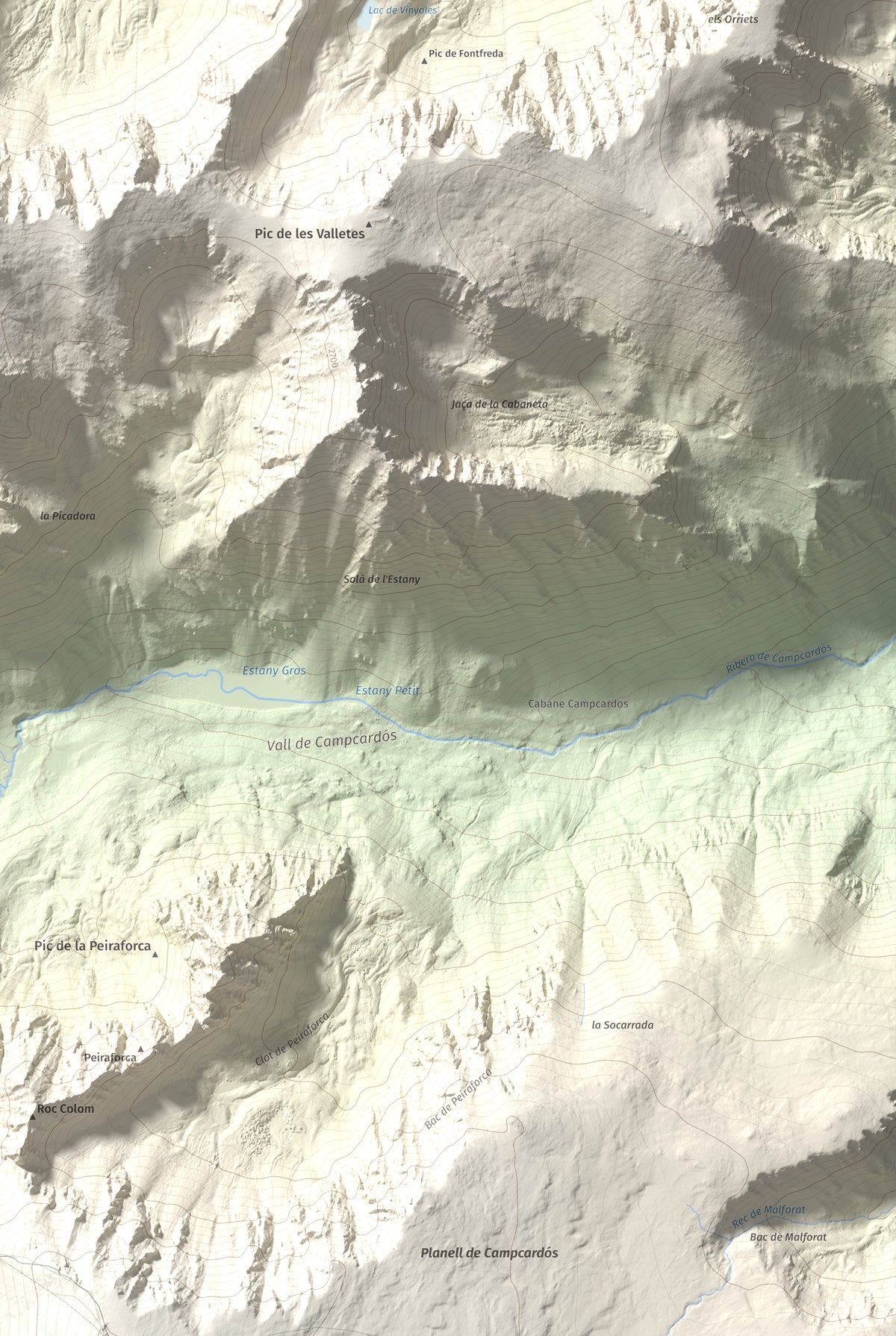 Mapa de relieve de Pic dels Pedrons, 2715 m, Cerdanya Nord, lámina 100 Cims de Trobart. Detalle de la zona inferior derecha. 61 × 91 cm.
