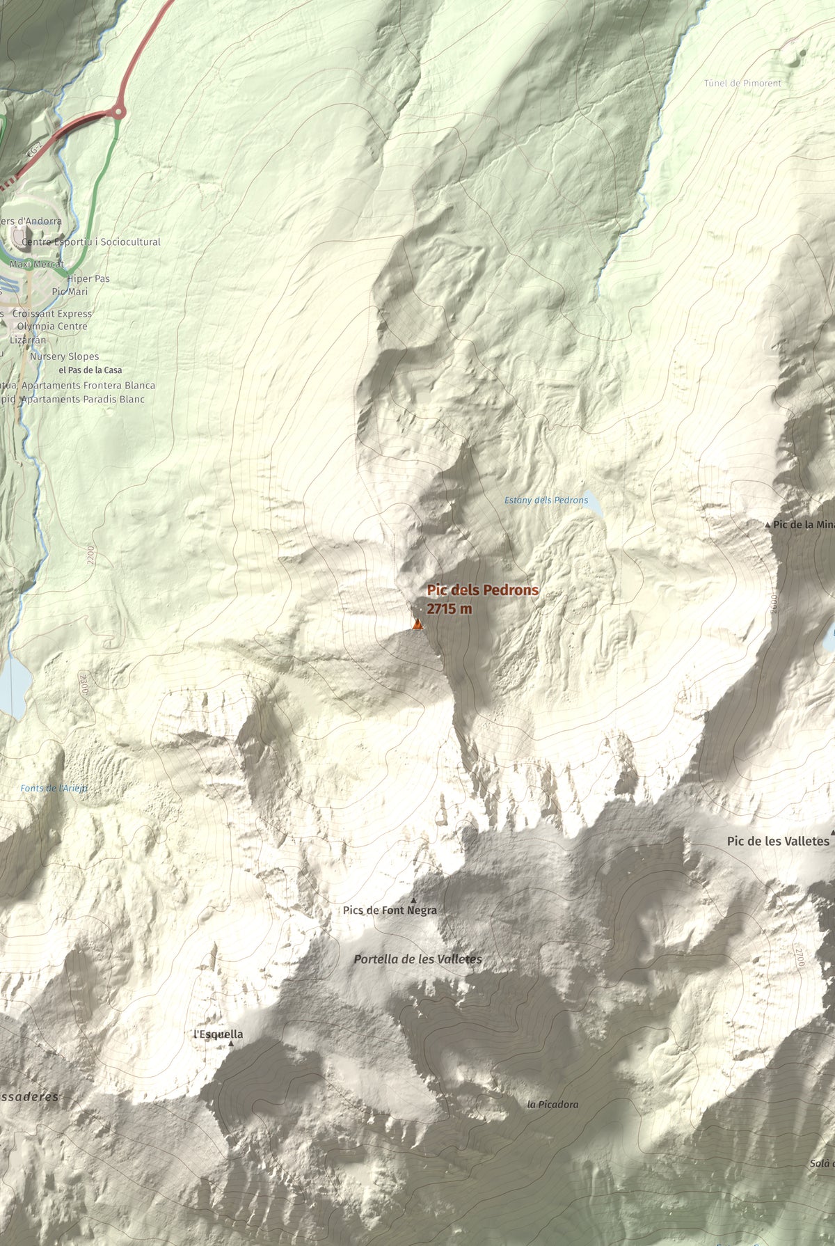 Mapa de relieve de Pic dels Pedrons, 2715 m, Cerdanya Nord, lámina 100 Cims de Trobart. Detalle de la zona central. 61 × 91 cm.