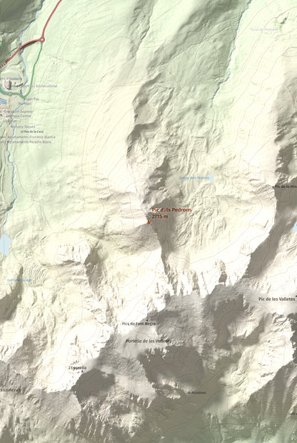 Mapa de relieve de Pic dels Pedrons, 2715 m, Cerdanya Nord, lámina 100 Cims de Trobart. Detalle de la zona central. 61 × 91 cm.