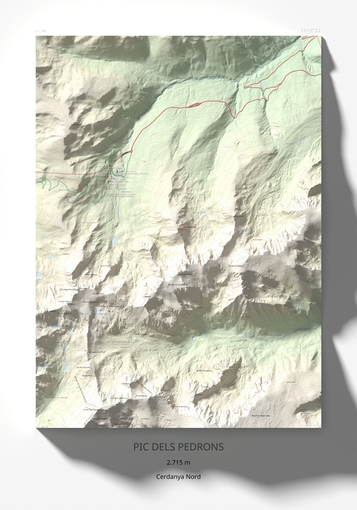 Mapa de relieve de Pic dels Pedrons, 2715 m, Cerdanya Nord, lámina 100 Cims de Trobart 70 × 100 cm.