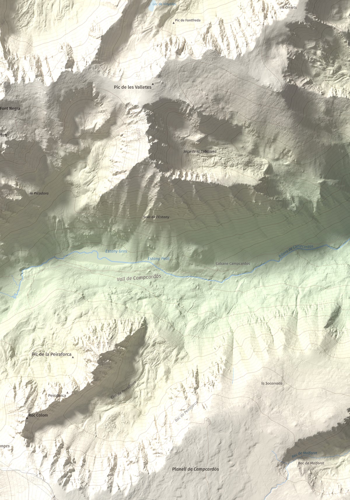 Mapa de relieve de Pic dels Pedrons, 2715 m, Cerdanya Nord, lámina 100 Cims de Trobart. Detalle de la zona inferior derecha. 70 × 100 cm.