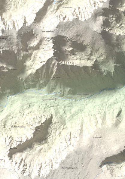 Mapa de relieve de Pic dels Pedrons, 2715 m, Cerdanya Nord, lámina 100 Cims de Trobart. Detalle de la zona inferior derecha. 70 × 100 cm.