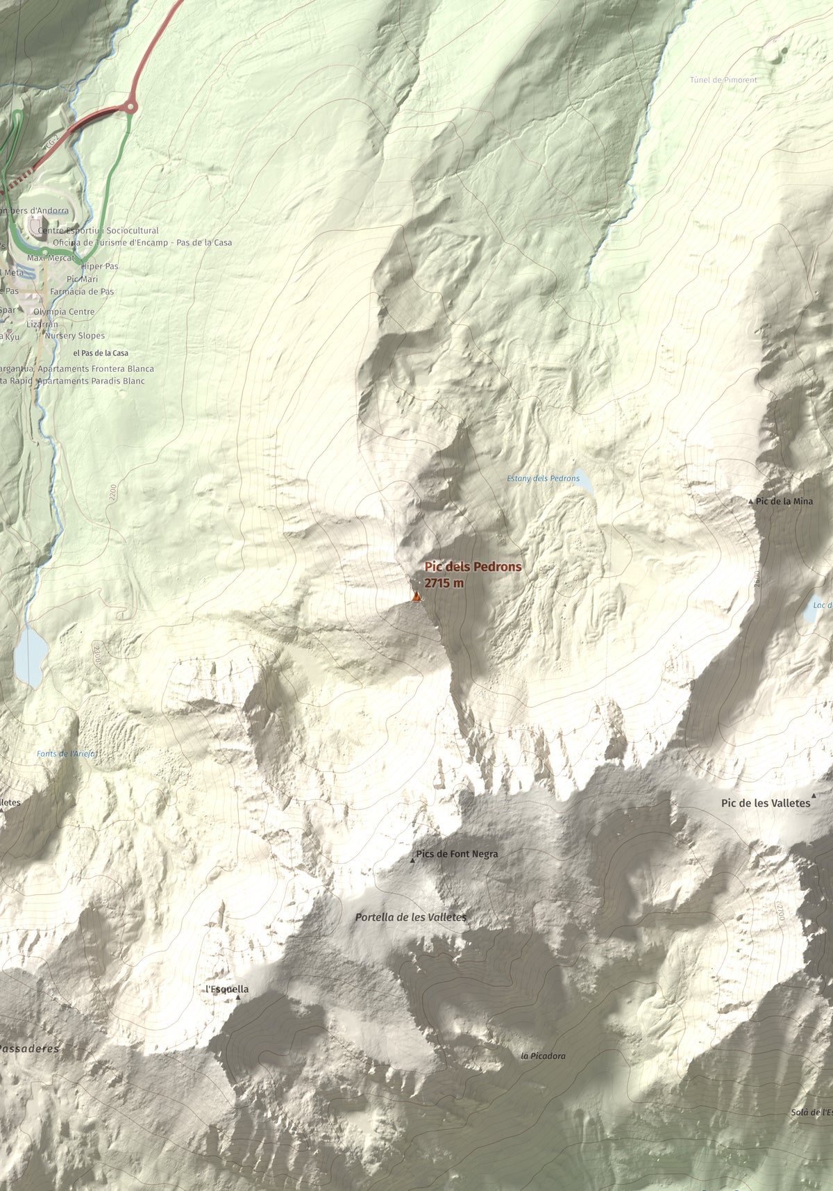 Mapa de relieve de Pic dels Pedrons, 2715 m, Cerdanya Nord, lámina 100 Cims de Trobart. Detalle de la zona central. 70 × 100 cm.