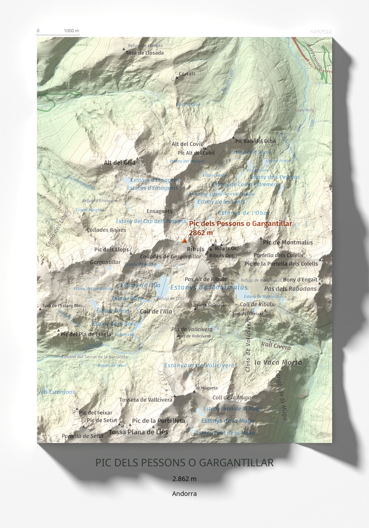 Mapa de relieve de Pic dels Pessons o Gargantillar, 2862 m, Andorra, lámina 100 Cims de Trobart 21 × 30 cm.