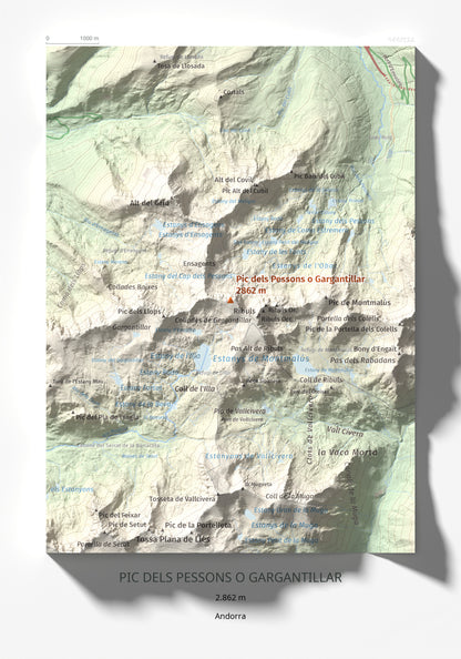 Mapa de relieve de Pic dels Pessons o Gargantillar, 2862 m, Andorra, lámina 100 Cims de Trobart 21 × 30 cm.