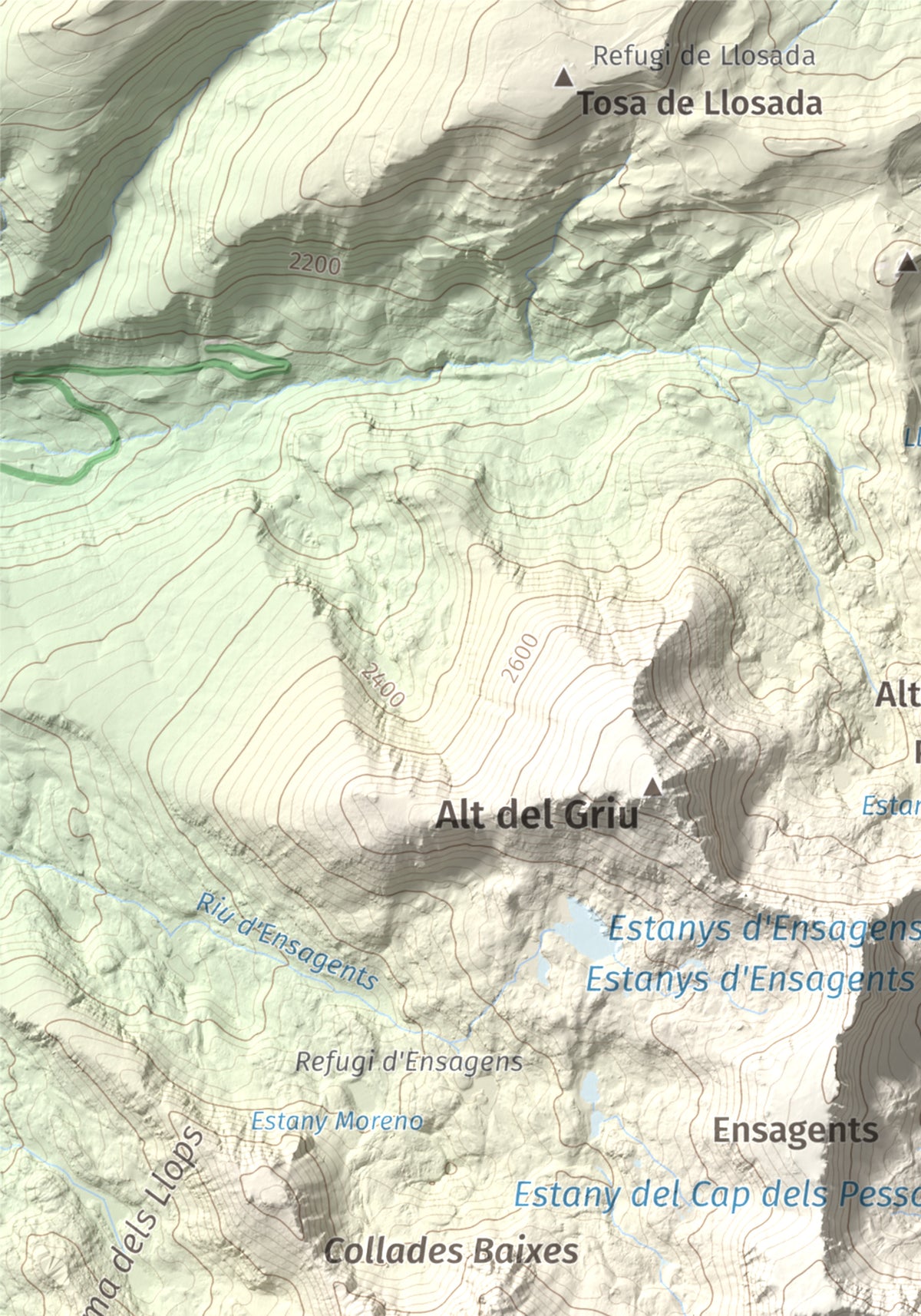 Mapa de relieve de Pic dels Pessons o Gargantillar, 2862 m, Andorra, lámina 100 Cims de Trobart. Detalle de la zona superior izquierda. 21 × 30 cm.