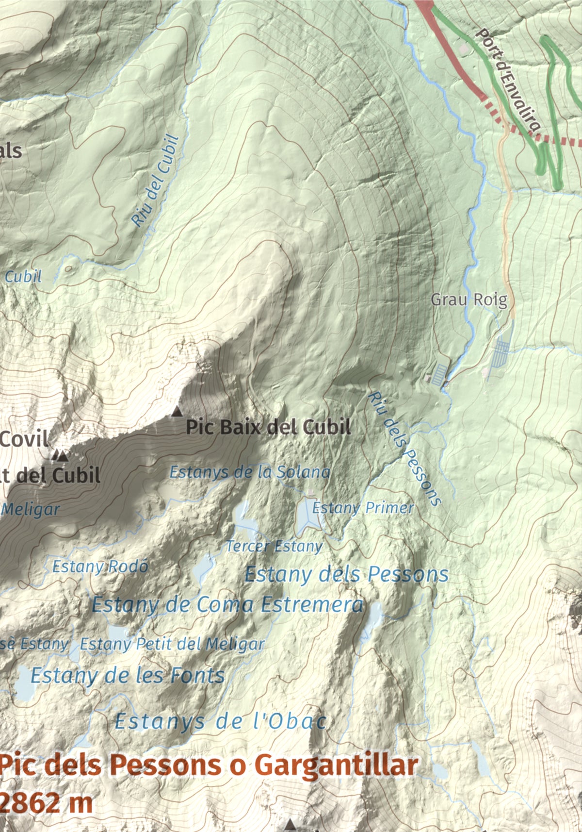 Mapa de relieve de Pic dels Pessons o Gargantillar, 2862 m, Andorra, lámina 100 Cims de Trobart. Detalle de la zona superior derecha. 21 × 30 cm.