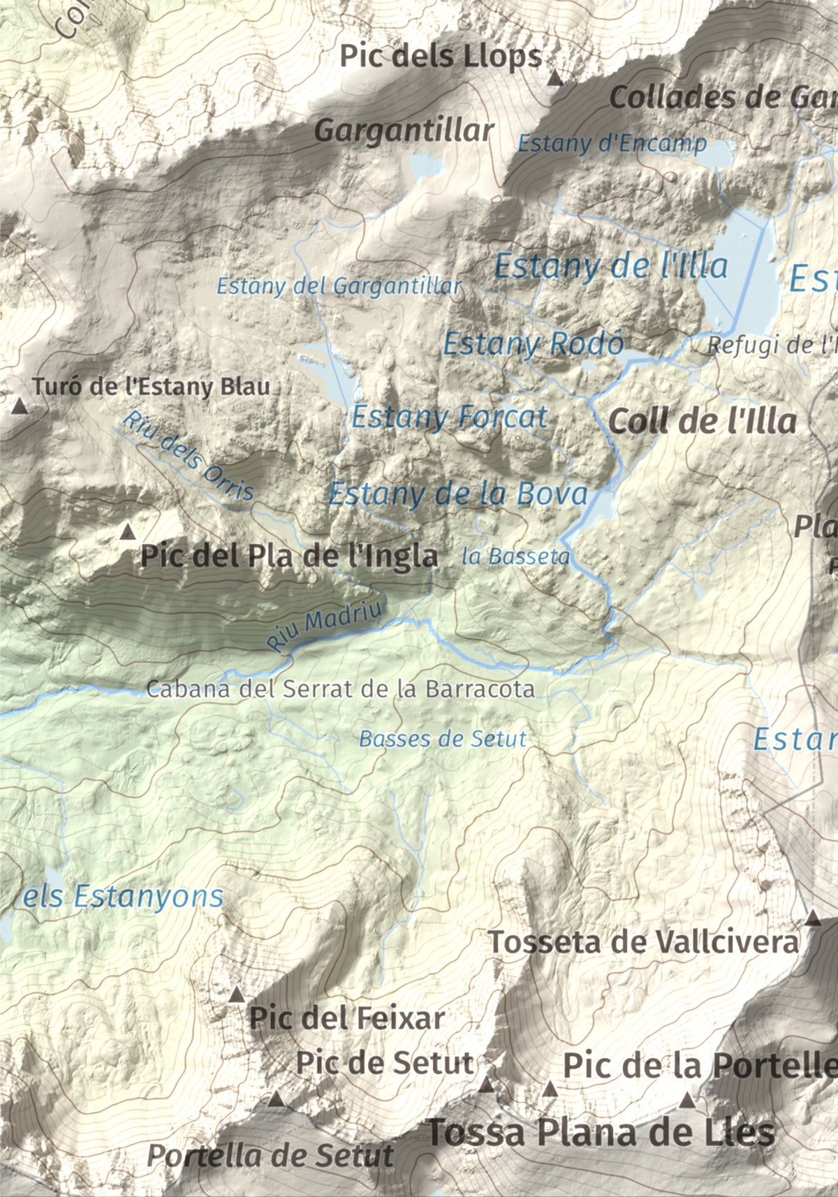 Mapa de relieve de Pic dels Pessons o Gargantillar, 2862 m, Andorra, lámina 100 Cims de Trobart. Detalle de la zona inferior izquierda. 21 × 30 cm.