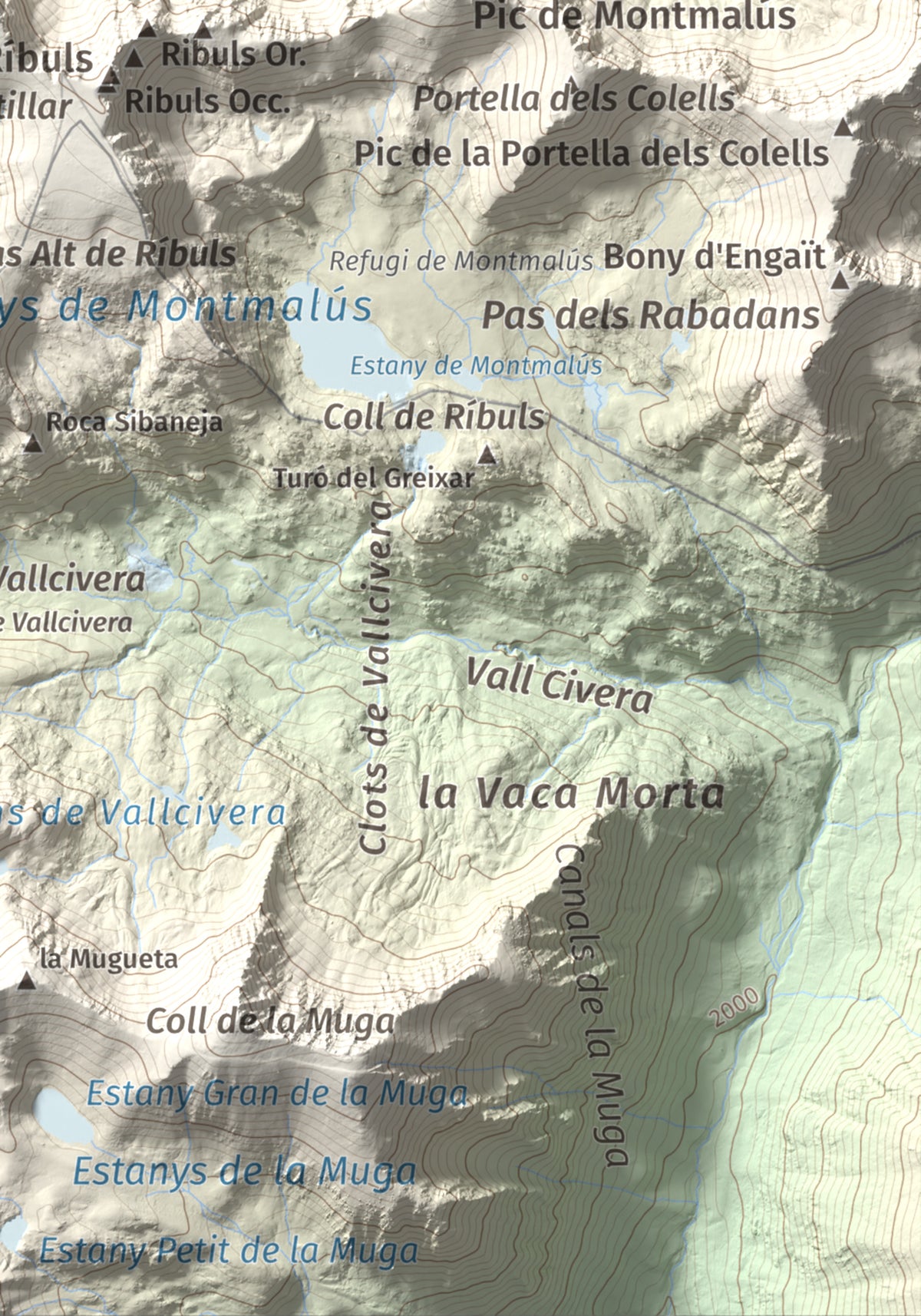 Mapa de relieve de Pic dels Pessons o Gargantillar, 2862 m, Andorra, lámina 100 Cims de Trobart. Detalle de la zona inferior derecha. 21 × 30 cm.