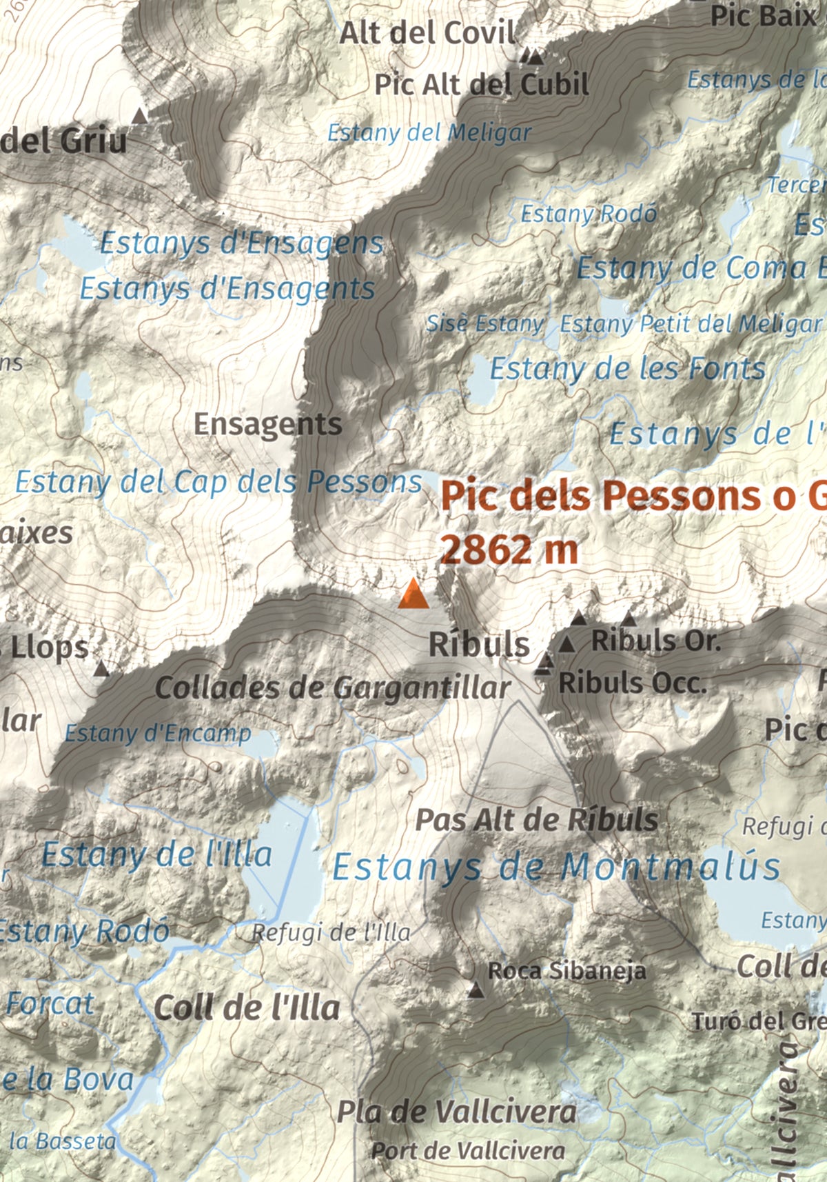 Mapa de relieve de Pic dels Pessons o Gargantillar, 2862 m, Andorra, lámina 100 Cims de Trobart. Detalle de la zona central. 21 × 30 cm.