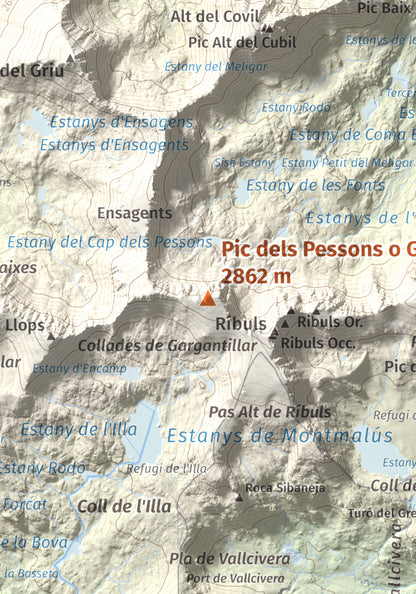 Mapa de relieve de Pic dels Pessons o Gargantillar, 2862 m, Andorra, lámina 100 Cims de Trobart. Detalle de la zona central. 21 × 30 cm.