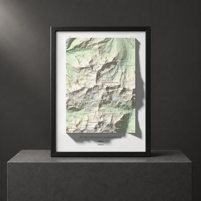Mapa de relieve de Pic dels Pessons o Gargantillar, 2862 m, Andorra, lámina 100 Cims de Trobart. Presentación enmarcada. 30 × 40 cm.