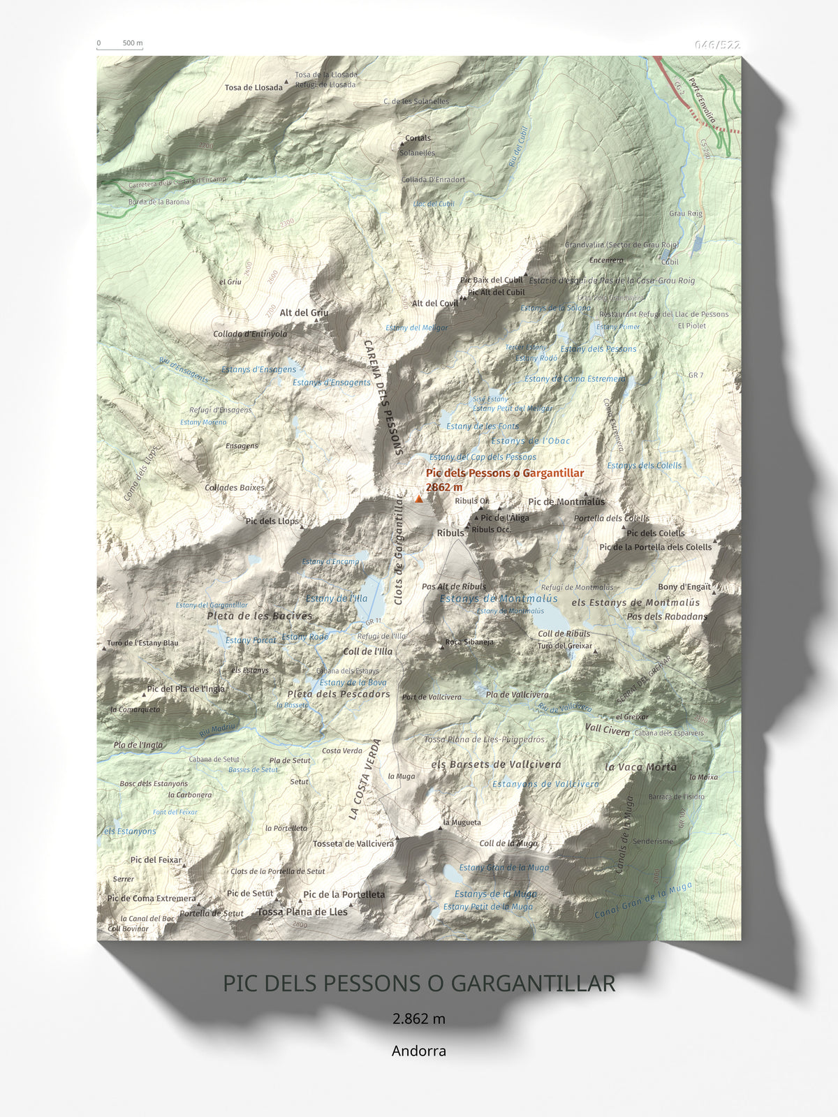 Mapa de relieve de Pic dels Pessons o Gargantillar, 2862 m, Andorra, lámina 100 Cims de Trobart 30 × 40 cm.