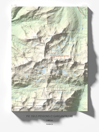 Mapa de relieve de Pic dels Pessons o Gargantillar, 2862 m, Andorra, lámina 100 Cims de Trobart 30 × 40 cm.
