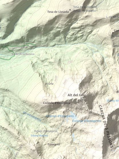 Mapa de relieve de Pic dels Pessons o Gargantillar, 2862 m, Andorra, lámina 100 Cims de Trobart. Detalle de la zona superior izquierda. 30 × 40 cm.