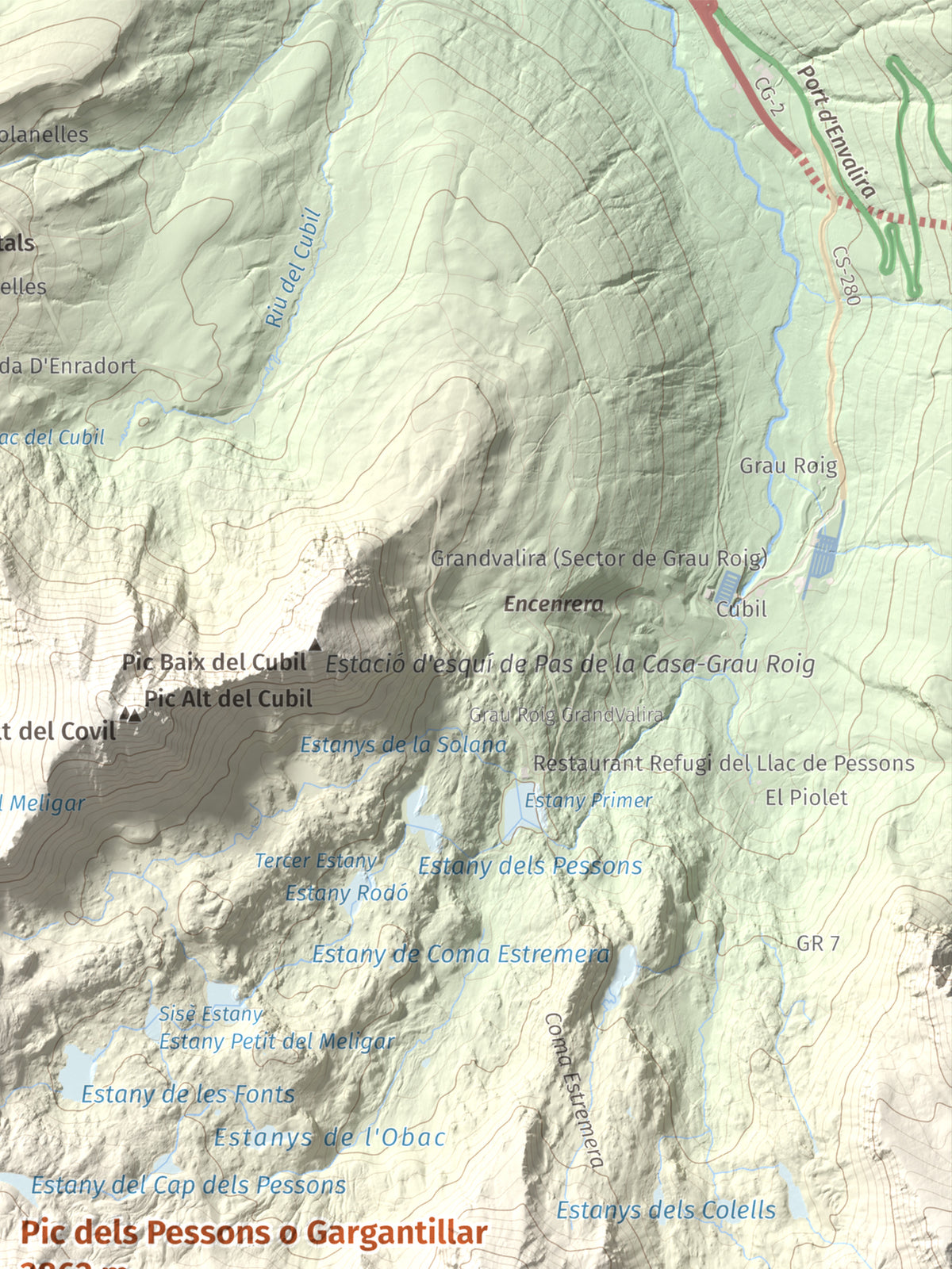 Mapa de relieve de Pic dels Pessons o Gargantillar, 2862 m, Andorra, lámina 100 Cims de Trobart. Detalle de la zona superior derecha. 30 × 40 cm.