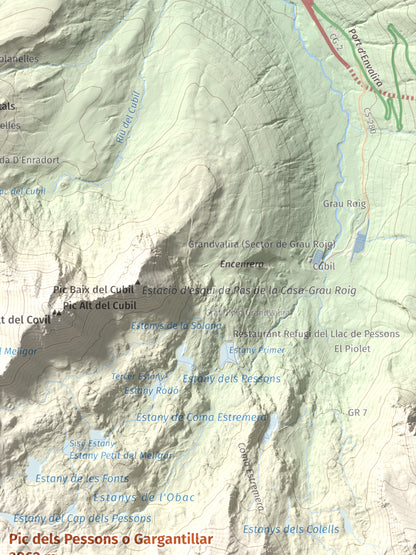 Mapa de relieve de Pic dels Pessons o Gargantillar, 2862 m, Andorra, lámina 100 Cims de Trobart. Detalle de la zona superior derecha. 30 × 40 cm.