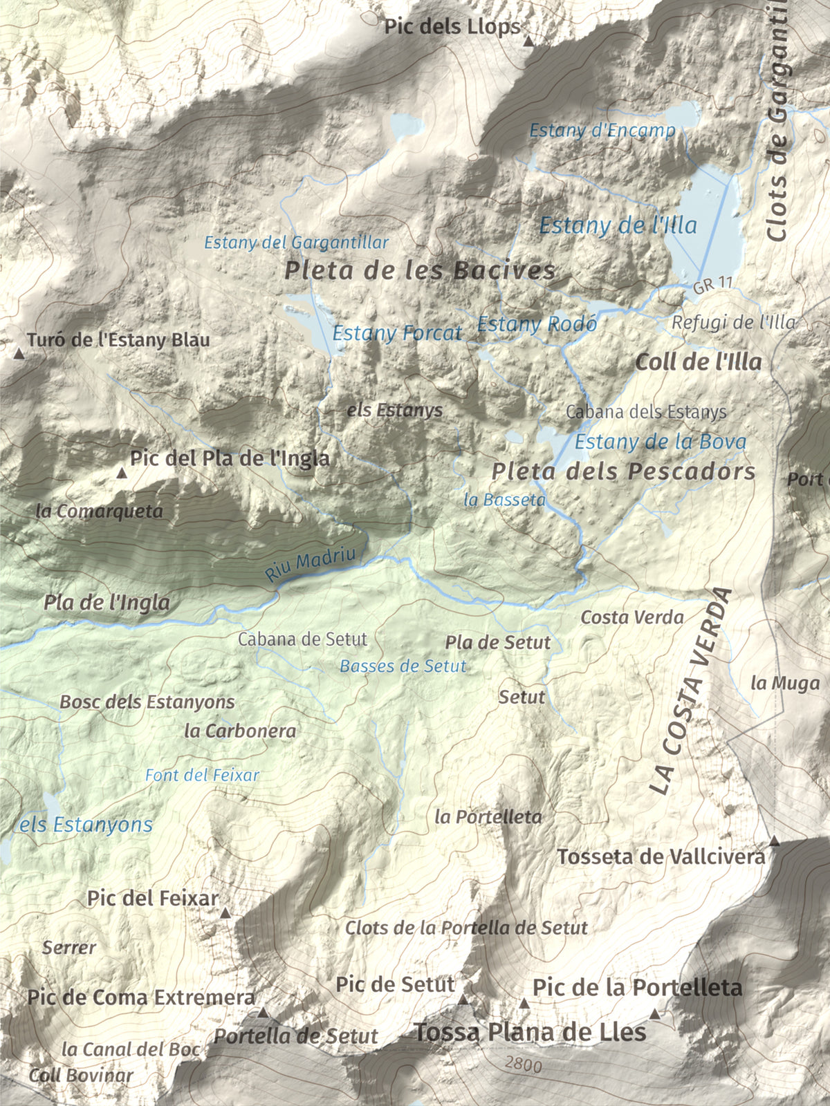 Mapa de relieve de Pic dels Pessons o Gargantillar, 2862 m, Andorra, lámina 100 Cims de Trobart. Detalle de la zona inferior izquierda. 30 × 40 cm.