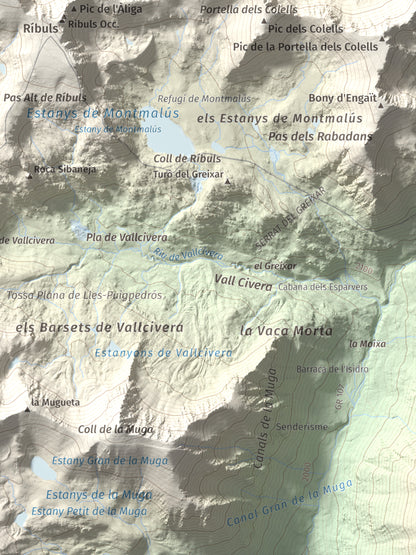 Mapa de relieve de Pic dels Pessons o Gargantillar, 2862 m, Andorra, lámina 100 Cims de Trobart. Detalle de la zona inferior derecha. 30 × 40 cm.