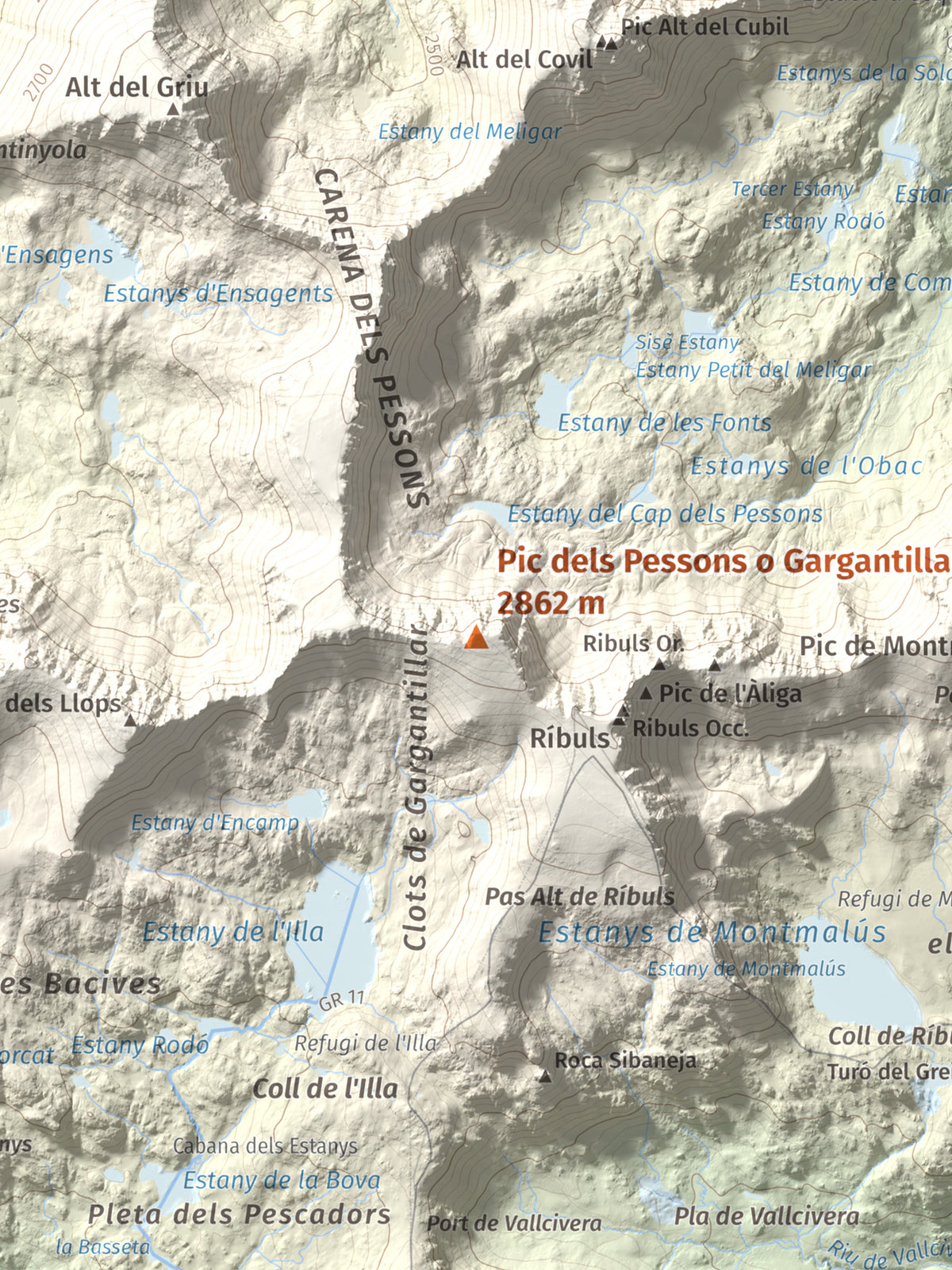 Mapa de relieve de Pic dels Pessons o Gargantillar, 2862 m, Andorra, lámina 100 Cims de Trobart. Detalle de la zona central. 30 × 40 cm.
