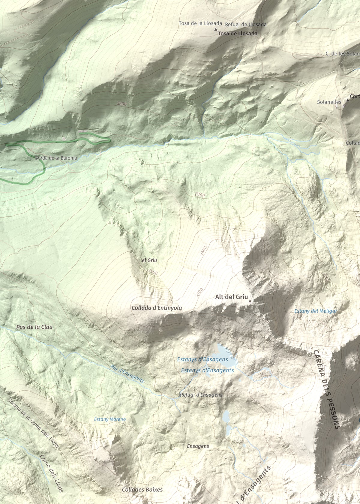 Mapa de relieve de Pic dels Pessons o Gargantillar, 2862 m, Andorra, lámina 100 Cims de Trobart. Detalle de la zona superior izquierda. 50 × 70 cm.