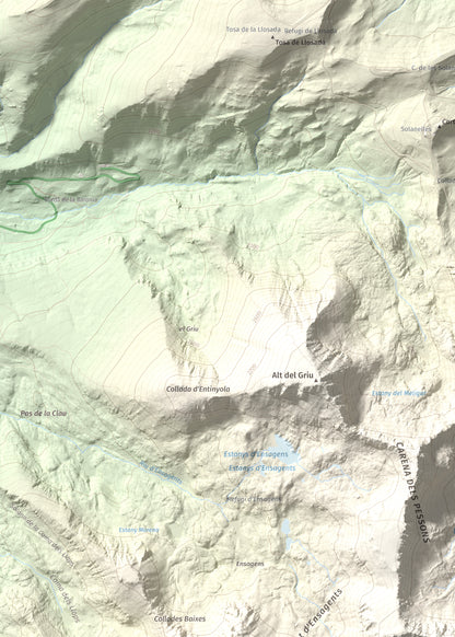 Mapa de relieve de Pic dels Pessons o Gargantillar, 2862 m, Andorra, lámina 100 Cims de Trobart. Detalle de la zona superior izquierda. 50 × 70 cm.
