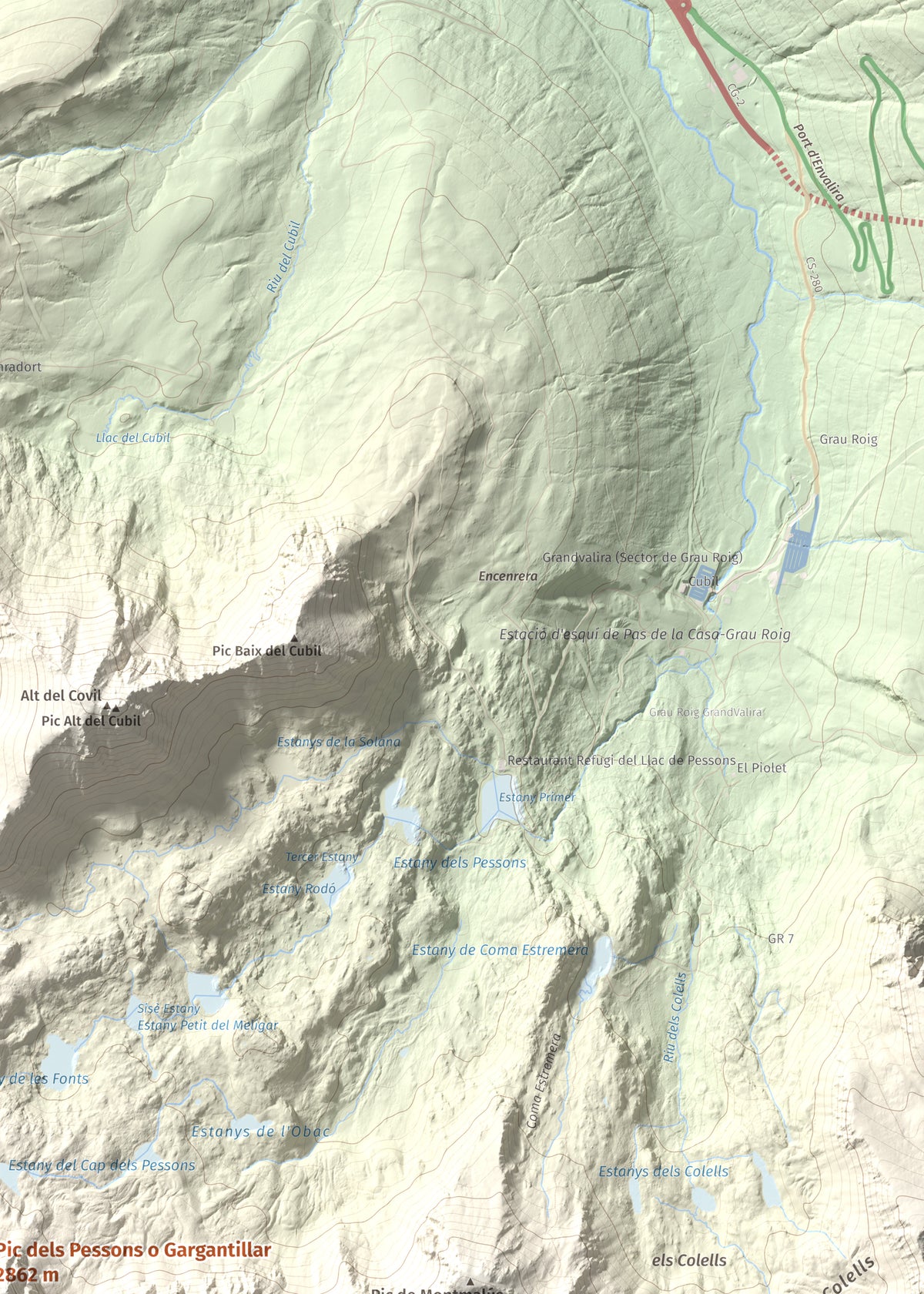 Mapa de relieve de Pic dels Pessons o Gargantillar, 2862 m, Andorra, lámina 100 Cims de Trobart. Detalle de la zona superior derecha. 50 × 70 cm.