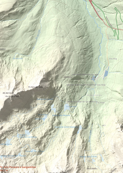 Mapa de relieve de Pic dels Pessons o Gargantillar, 2862 m, Andorra, lámina 100 Cims de Trobart. Detalle de la zona superior derecha. 50 × 70 cm.