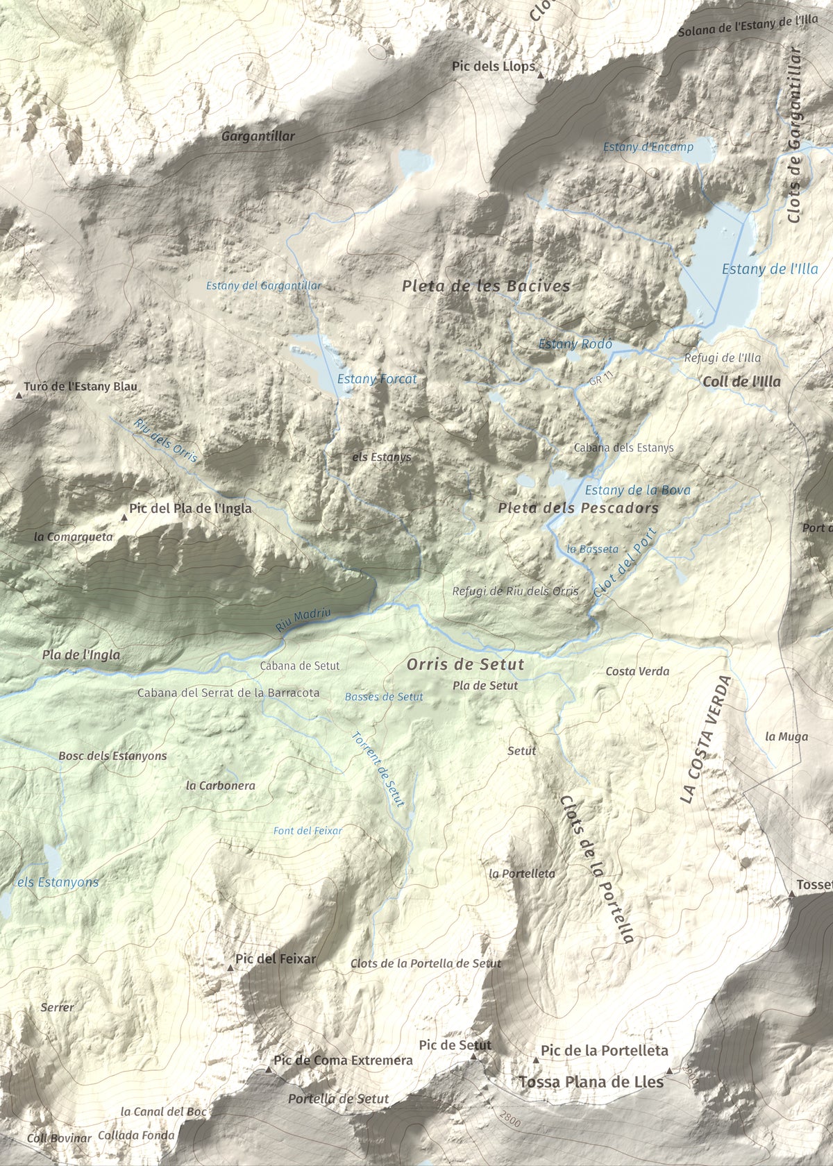 Mapa de relieve de Pic dels Pessons o Gargantillar, 2862 m, Andorra, lámina 100 Cims de Trobart. Detalle de la zona inferior izquierda. 50 × 70 cm.