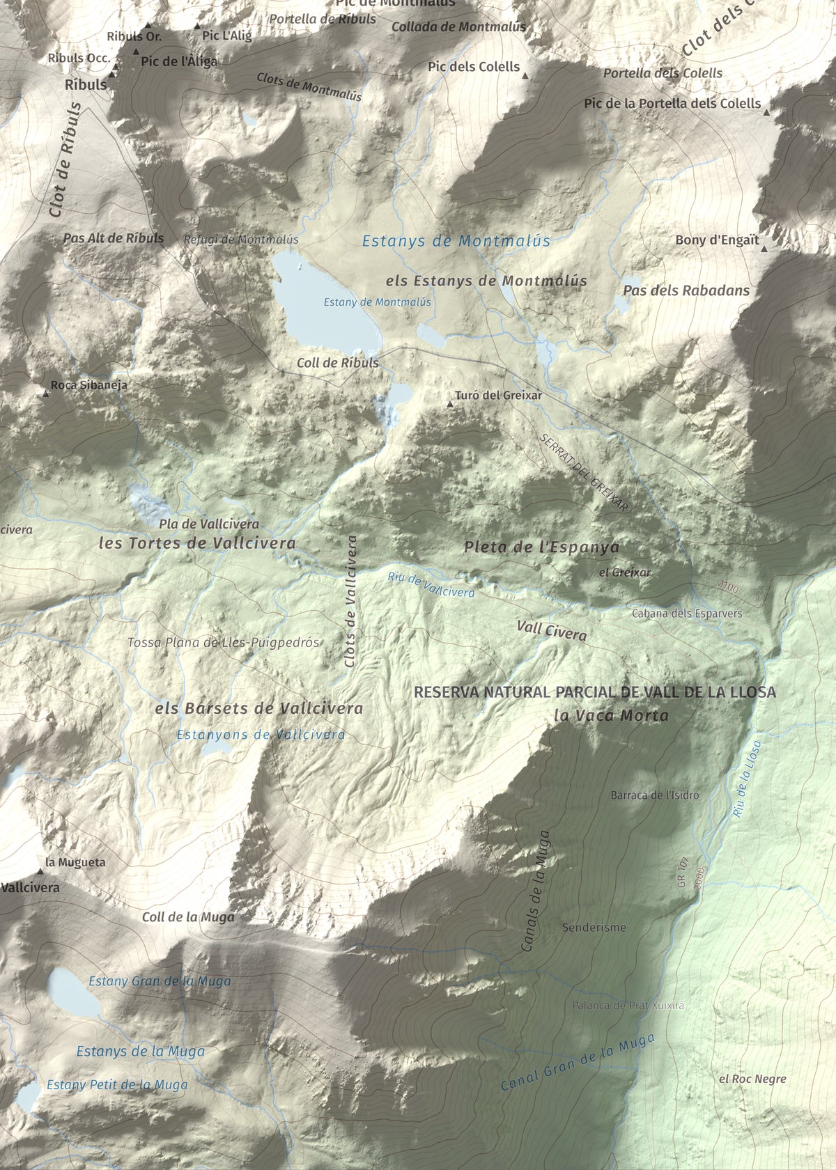 Mapa de relieve de Pic dels Pessons o Gargantillar, 2862 m, Andorra, lámina 100 Cims de Trobart. Detalle de la zona inferior derecha. 50 × 70 cm.