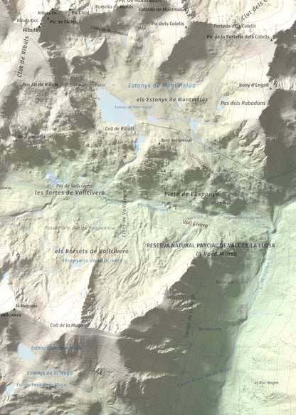 Mapa de relieve de Pic dels Pessons o Gargantillar, 2862 m, Andorra, lámina 100 Cims de Trobart. Detalle de la zona inferior derecha. 50 × 70 cm.