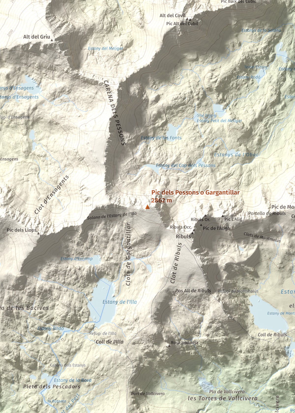 Mapa de relieve de Pic dels Pessons o Gargantillar, 2862 m, Andorra, lámina 100 Cims de Trobart. Detalle de la zona central. 50 × 70 cm.