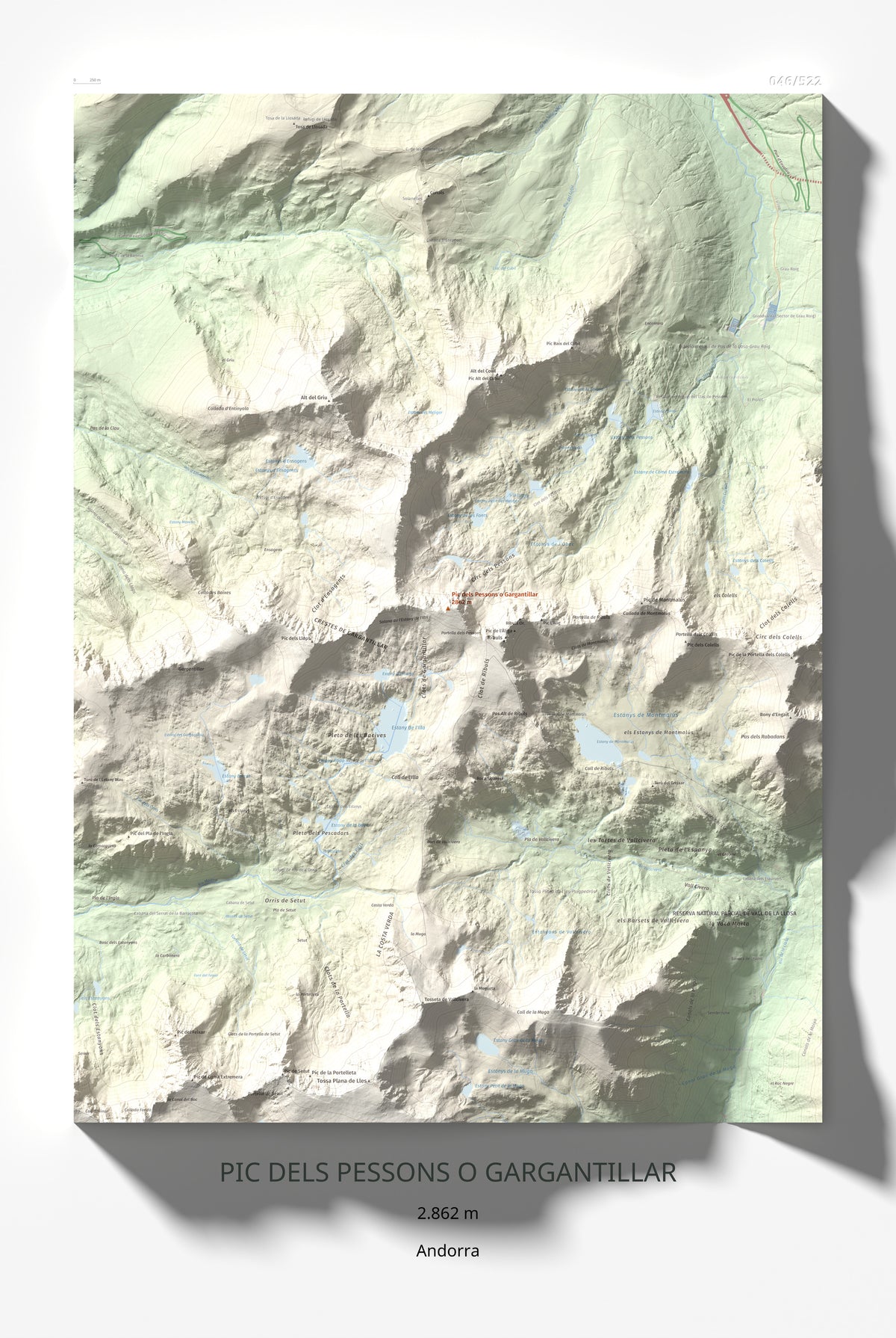 Mapa de relieve de Pic dels Pessons o Gargantillar, 2862 m, Andorra, lámina 100 Cims de Trobart 61 × 91 cm.