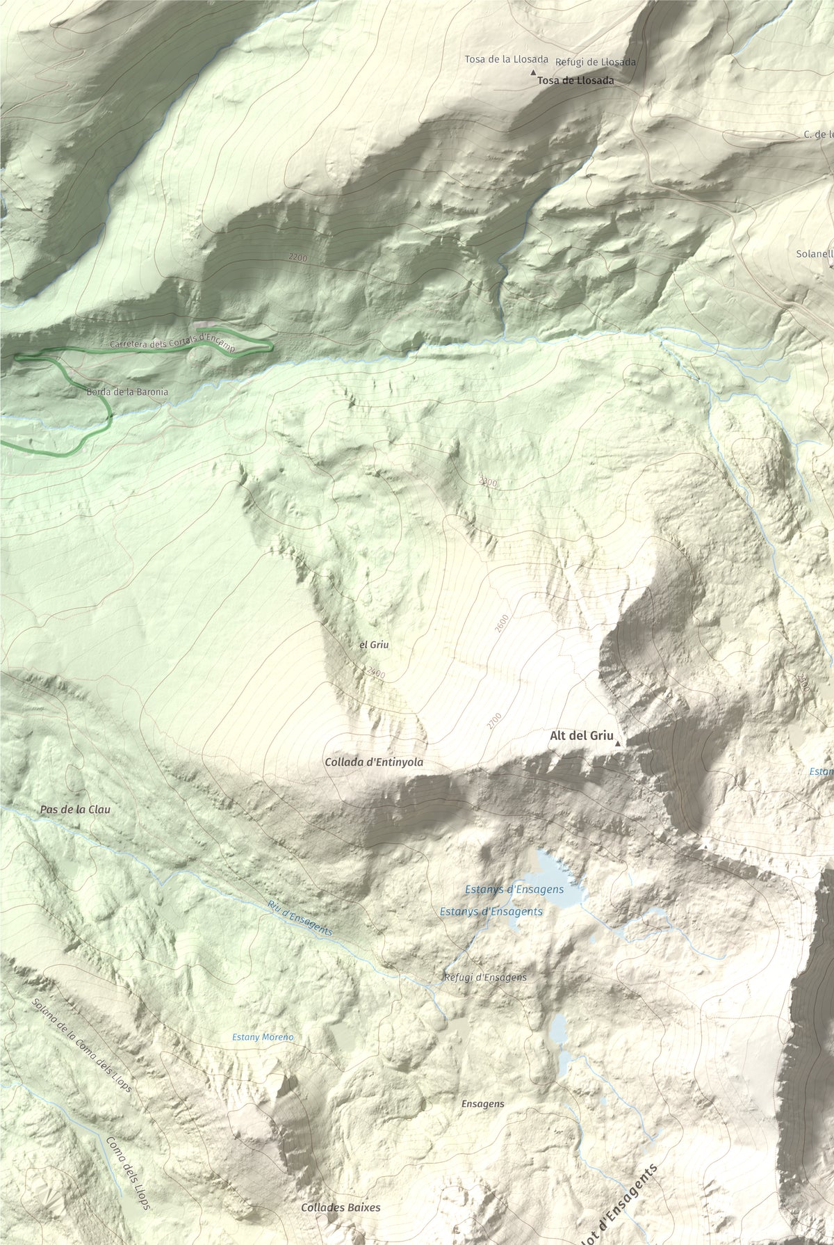 Mapa de relieve de Pic dels Pessons o Gargantillar, 2862 m, Andorra, lámina 100 Cims de Trobart. Detalle de la zona superior izquierda. 61 × 91 cm.