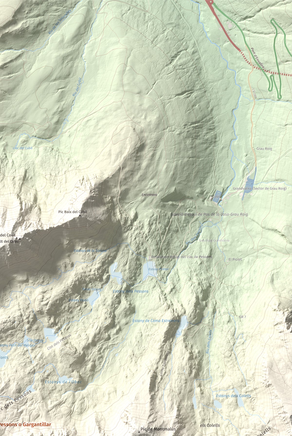 Mapa de relieve de Pic dels Pessons o Gargantillar, 2862 m, Andorra, lámina 100 Cims de Trobart. Detalle de la zona superior derecha. 61 × 91 cm.
