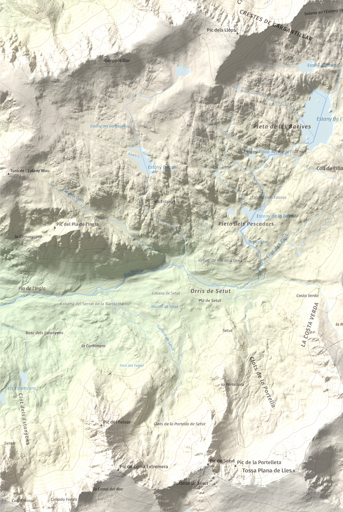 Mapa de relieve de Pic dels Pessons o Gargantillar, 2862 m, Andorra, lámina 100 Cims de Trobart. Detalle de la zona inferior izquierda. 61 × 91 cm.
