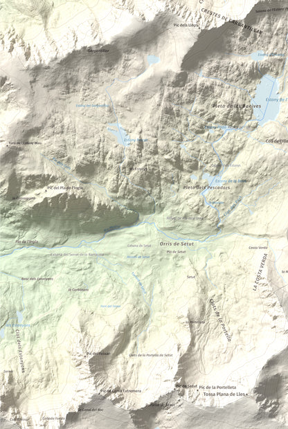 Mapa de relieve de Pic dels Pessons o Gargantillar, 2862 m, Andorra, lámina 100 Cims de Trobart. Detalle de la zona inferior izquierda. 61 × 91 cm.