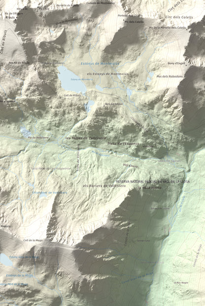 Mapa de relieve de Pic dels Pessons o Gargantillar, 2862 m, Andorra, lámina 100 Cims de Trobart. Detalle de la zona inferior derecha. 61 × 91 cm.