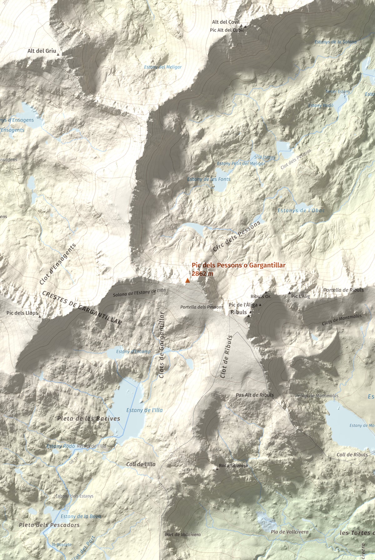 Mapa de relieve de Pic dels Pessons o Gargantillar, 2862 m, Andorra, lámina 100 Cims de Trobart. Detalle de la zona central. 61 × 91 cm.