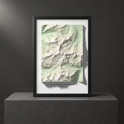 Mapa de relieve de Pic dels Pessons o Gargantillar, 2862 m, Andorra, lámina 100 Cims de Trobart. Presentación enmarcada. 70 × 100 cm.