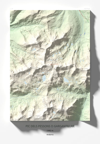 Mapa de relieve de Pic dels Pessons o Gargantillar, 2862 m, Andorra, lámina 100 Cims de Trobart 70 × 100 cm.