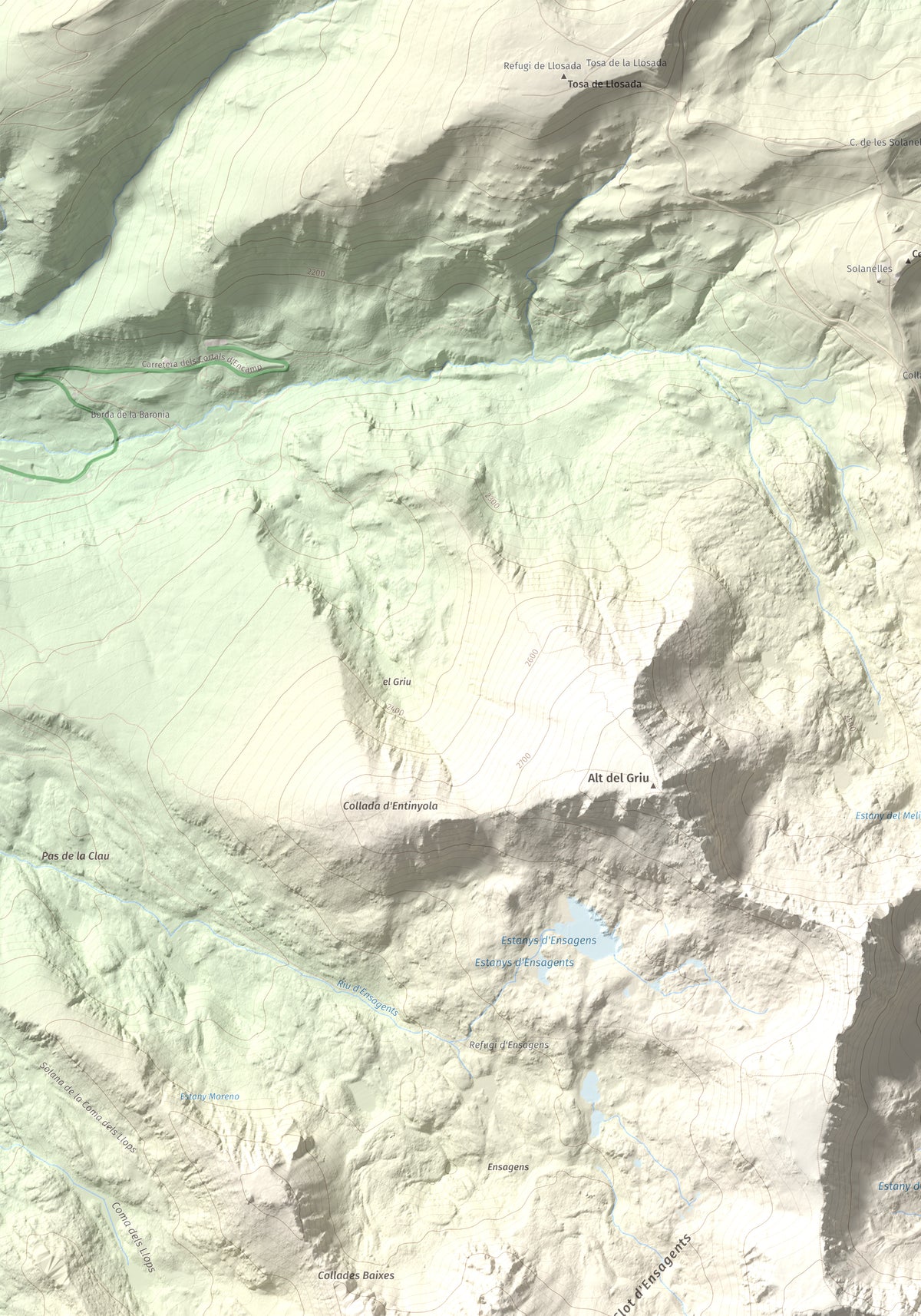 Mapa de relieve de Pic dels Pessons o Gargantillar, 2862 m, Andorra, lámina 100 Cims de Trobart. Detalle de la zona superior izquierda. 70 × 100 cm.