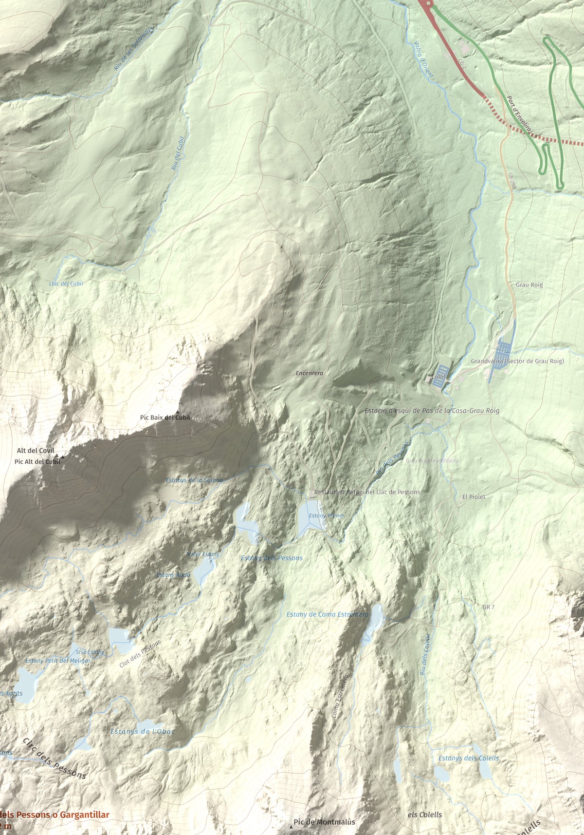 Mapa de relieve de Pic dels Pessons o Gargantillar, 2862 m, Andorra, lámina 100 Cims de Trobart. Detalle de la zona superior derecha. 70 × 100 cm.