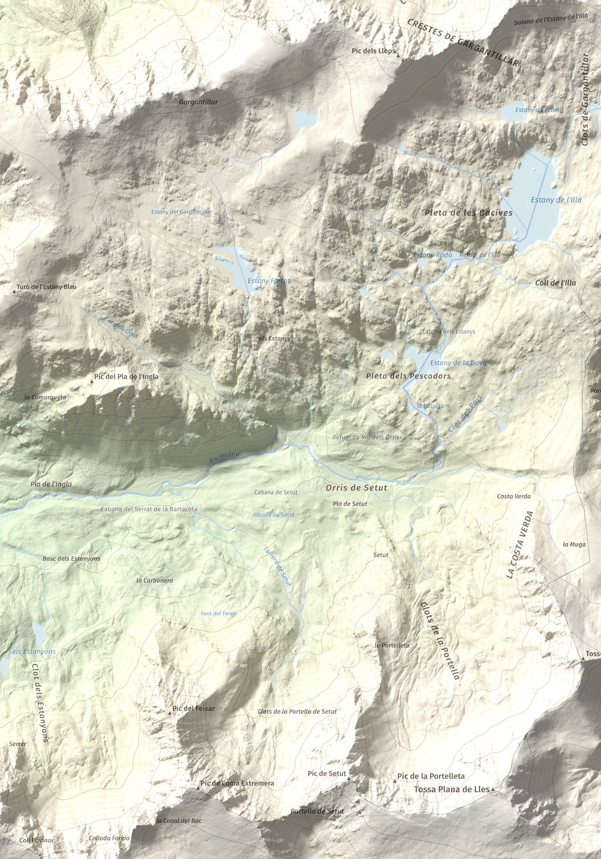 Mapa de relieve de Pic dels Pessons o Gargantillar, 2862 m, Andorra, lámina 100 Cims de Trobart. Detalle de la zona inferior izquierda. 70 × 100 cm.